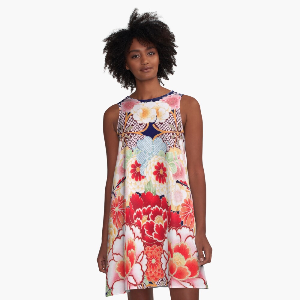 FLORES JAPONESAS ANTIGUAS Rosas Blancas Silvestres Rosas Estilo Kimono Floral Vestido acampanado