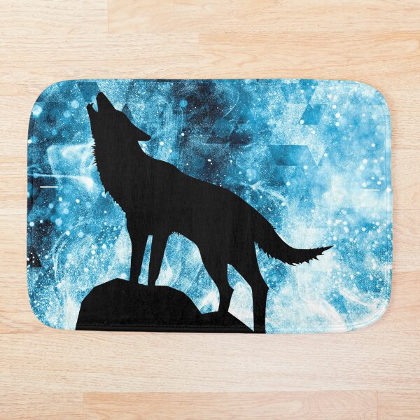 Howling Winter Wolf snowy blue smoke Bath Mat