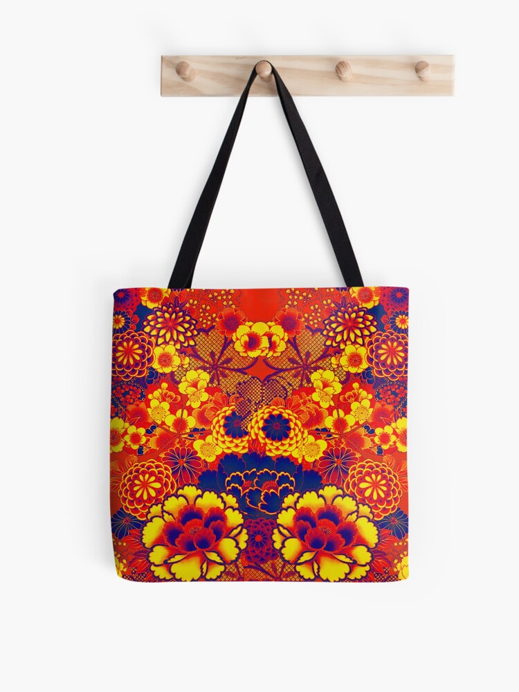 Wood Handle Kimono Tote Bag Rainbow Flower Orange