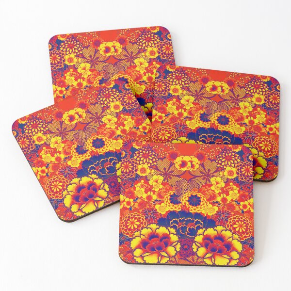 Item preview, ANTIQUE JAPANESE FLOWERS Blue Red Orange Yellow Wild Roses Kimono Style Floral designed and sold by BulganLumini.