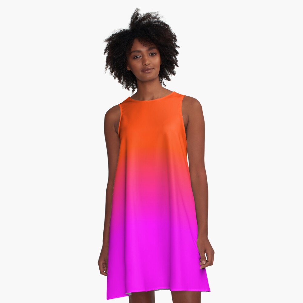 "Neon Orange and Hot Pink Ombre Shade Color Fade" ALine Dress by