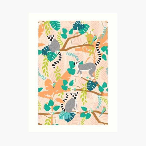 Lemurs in a Peach Jungle Art Print