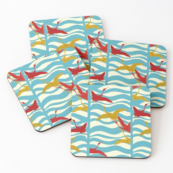 Item preview, RED YELLOW FLYING CRANES ON WHITE BLUE SEA WAVES designed and sold by BulganLumini.