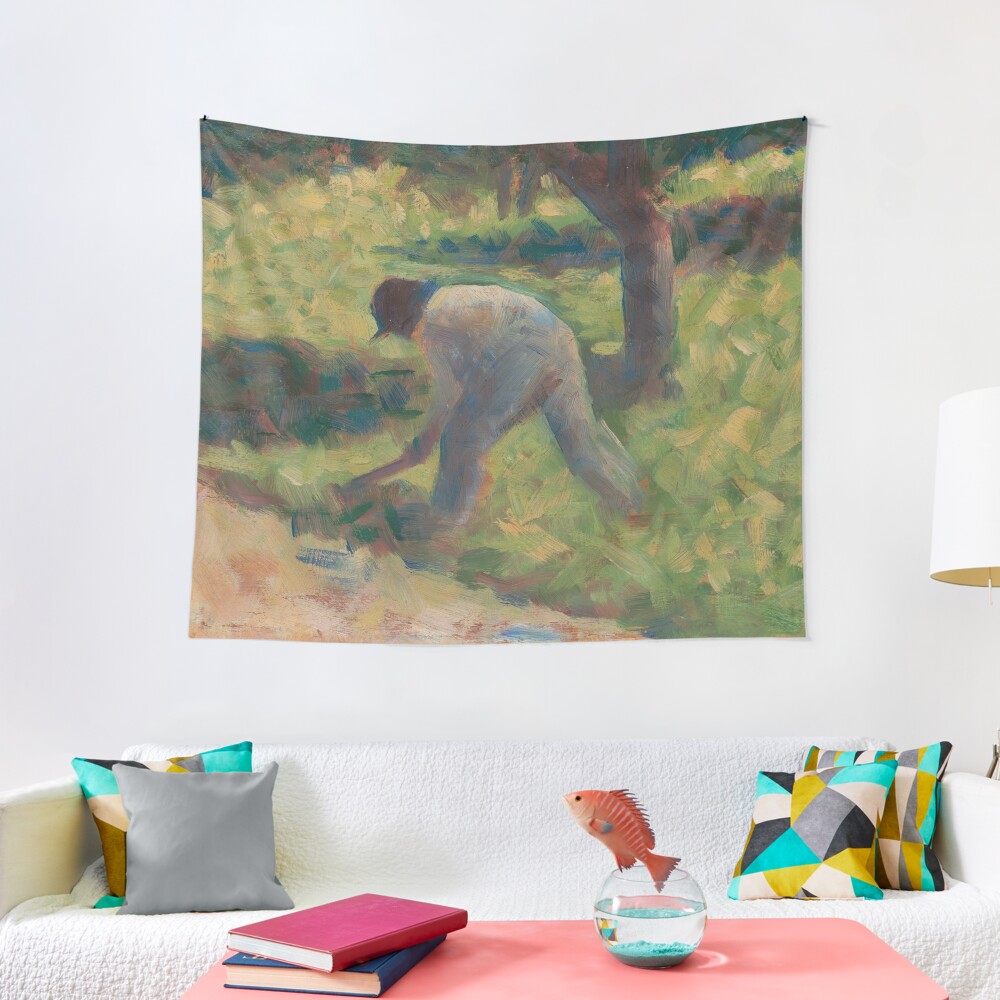 Peasant with a Hoe Oil Painting by Georges Seurat Tapestry