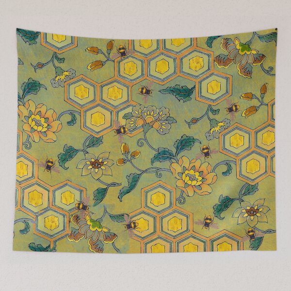 Item preview, HONEY BEES ,BEEHIVES,SPRING FLOWERS YELLOW ORANGE GREEN Beekeeping Floral designed and sold by BulganLumini.