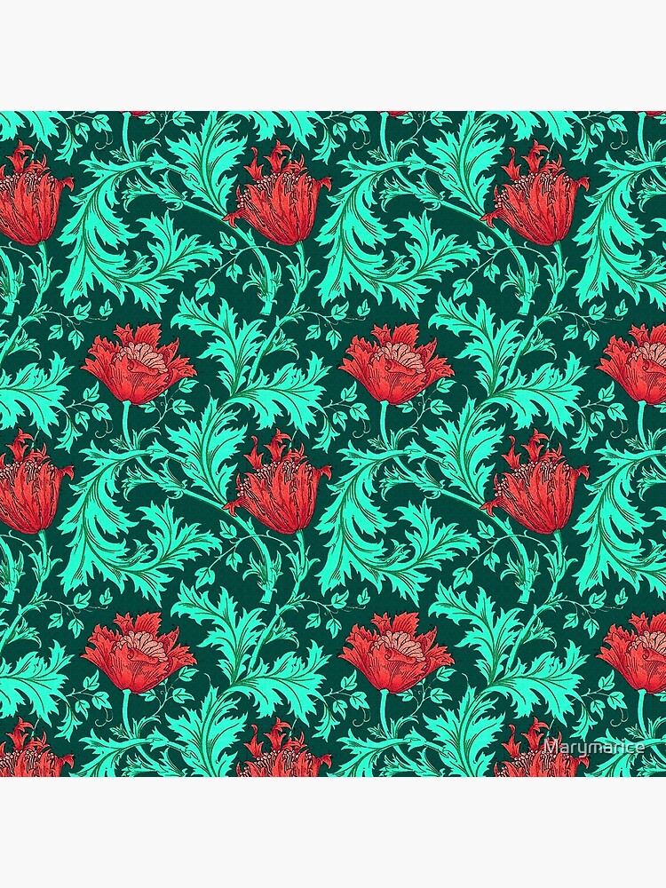 "William Morris Anemone, Deep Red and Turquoise" Throw Pillow by