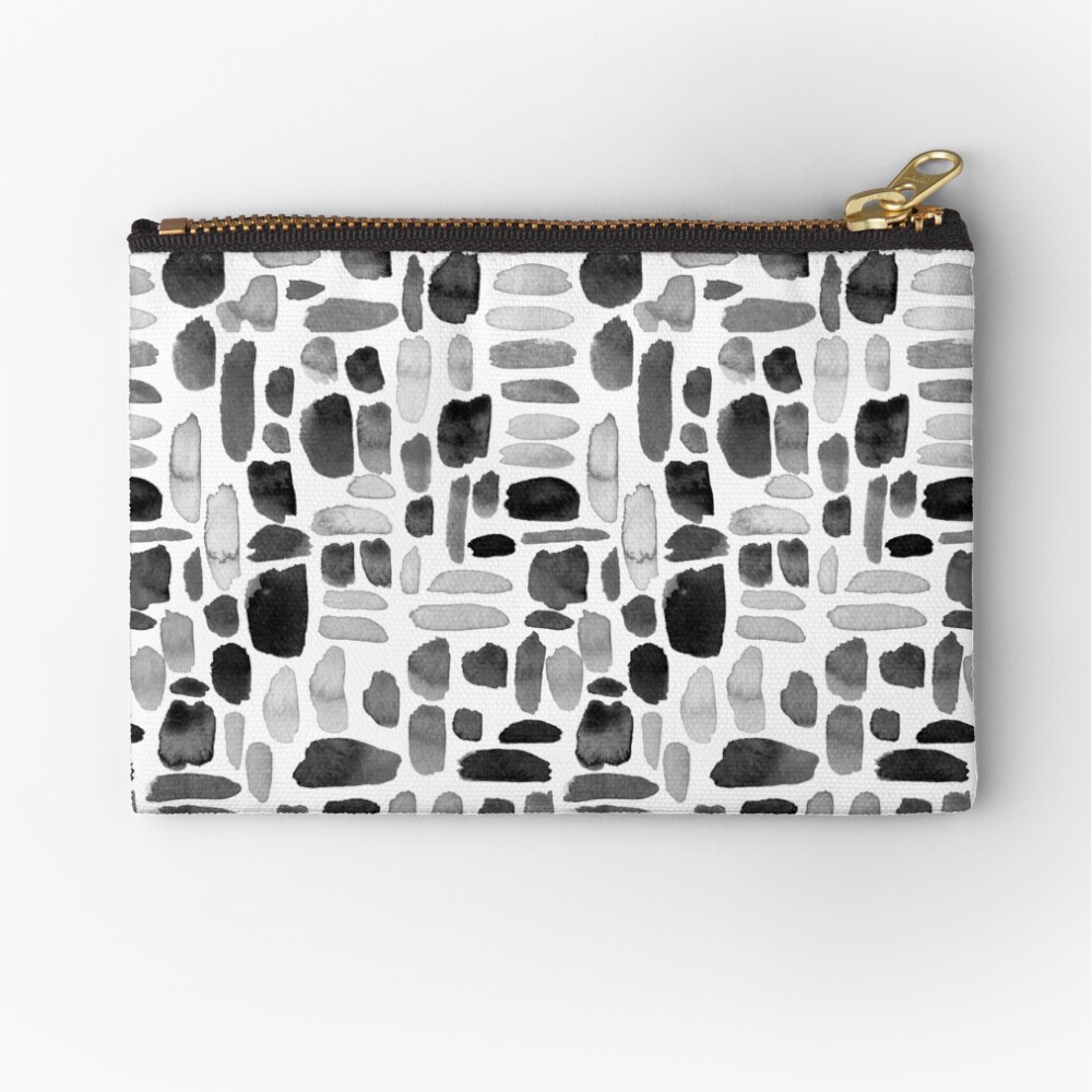 Watercolor Paint Brush Stroke Pattern - Black, White, Gray Zipper Pouch
