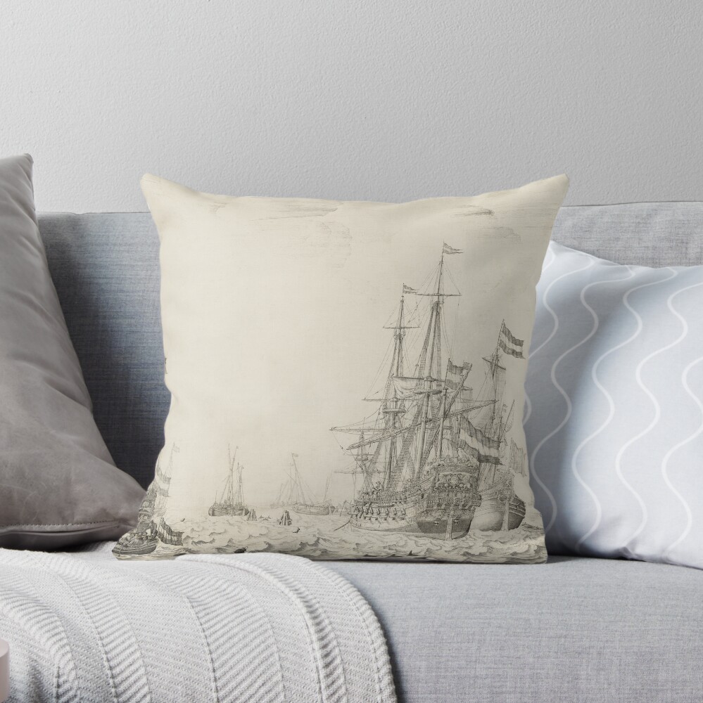 Dutch Ships near the Coast Oil Painting by Willem van de Velde the Elder Throw Pillow