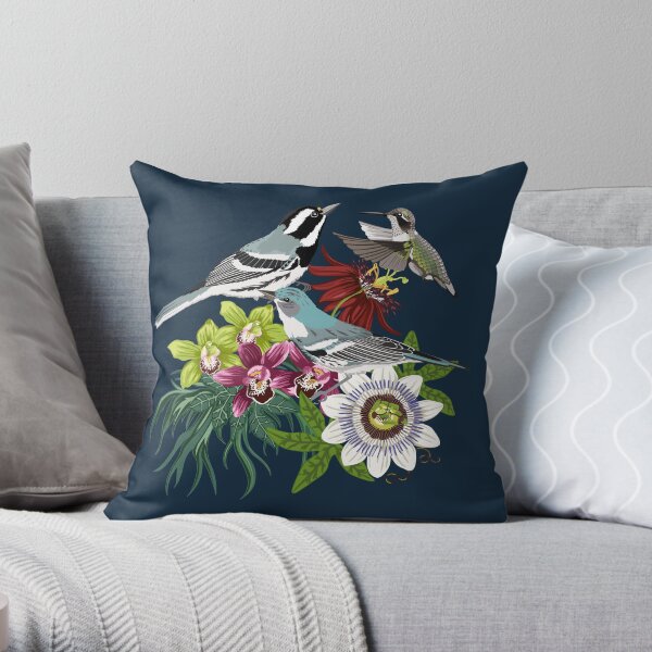 Orchids, Passionflower and Birds Throw Pillow