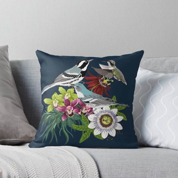 Orchids, Passionflower and Birds Throw Pillow