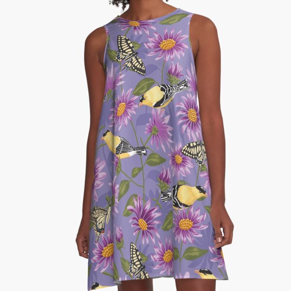 Goldfinches and Purple Asters large scale A-Line Dress