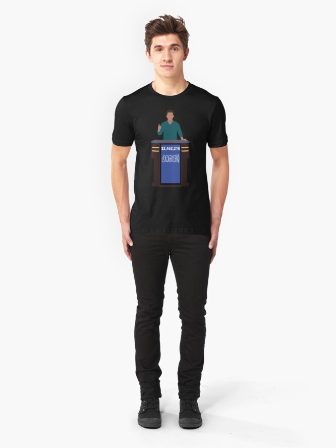 Alternate view of Heroes of Quiz Shows: James! Holzhauer at the Podium (new shirt) Slim Fit T-Shirt