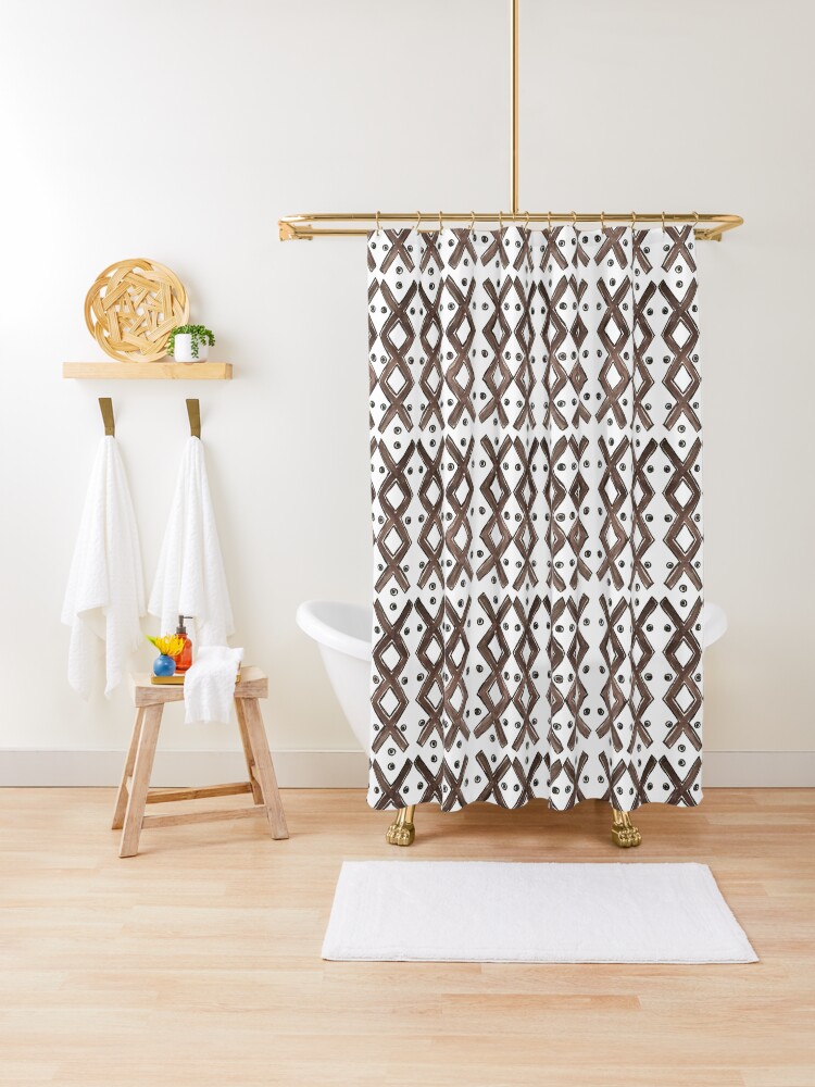 Kapa Tapa Cloth Barkcloth Geometric Tribal Crosses In Cocoa Brown And White Shower Curtain By Podartist Redbubble