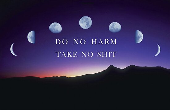 "do no harm take no shit" quote on purple poster with moons