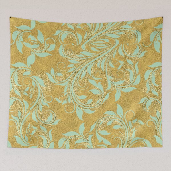 Item preview, Mint green damask, on faux gold sparkle foil pattern designed and sold by Glimmersmith.