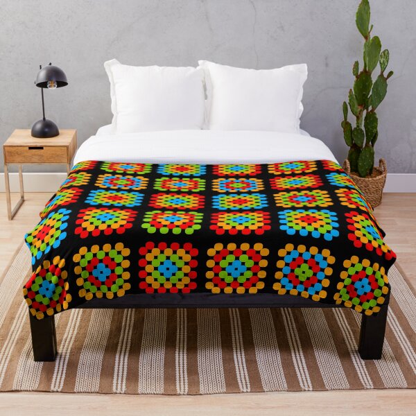 Granny Squares black background blue orange green Throw Blanket
