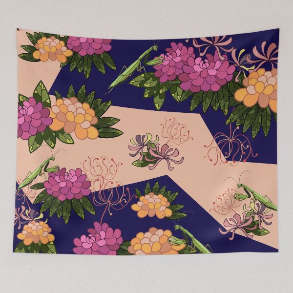 Item preview, Mantis and peony on navy designed and sold by patternsbymira.