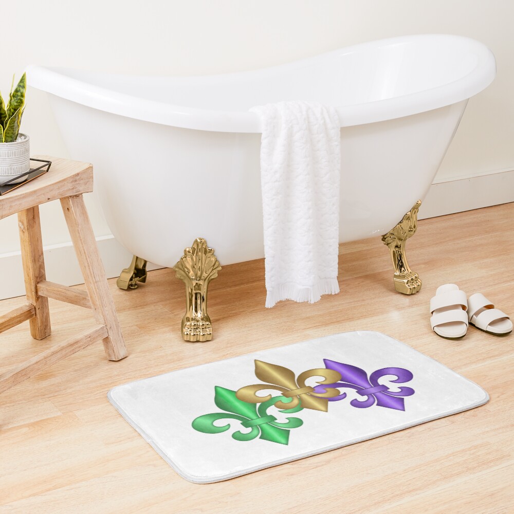 Green Gold and Purple Fleur-de-Lis Symbols Bath Mat