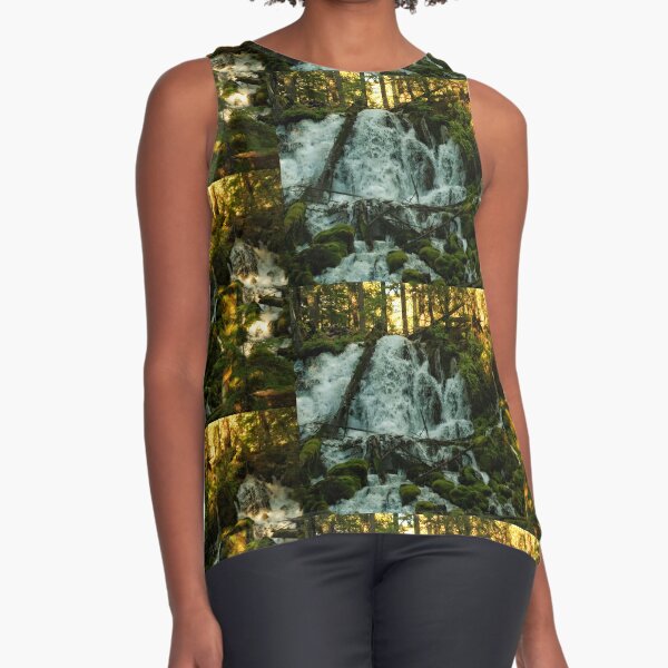 Waterfall in a Forest, with Rays of Sun Sleeveless Top