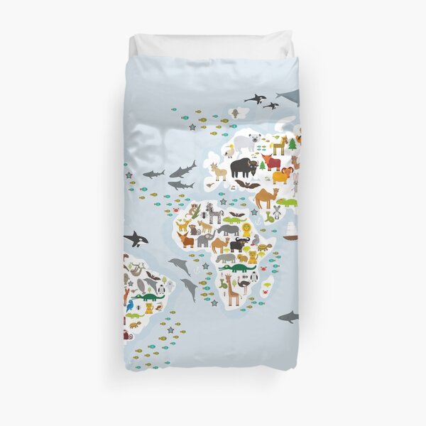 Cartoon animal world map for children and kids, Animals from all over the world Duvet Cover