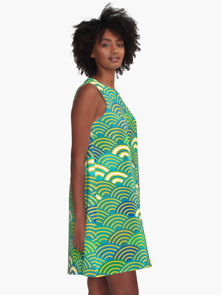 Alternate view of Seigaiha or seigainami abstract scales simple Spring Nature background with japanese circle A-Line Dress