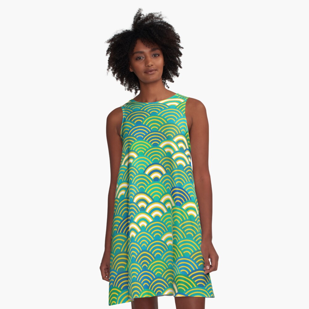 Seigaiha or seigainami abstract scales simple Spring Nature background with japanese circle A-Line Dress