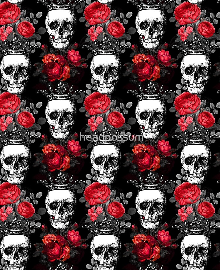 Skulls crowns and faded red roses on a dark black wrapping paper