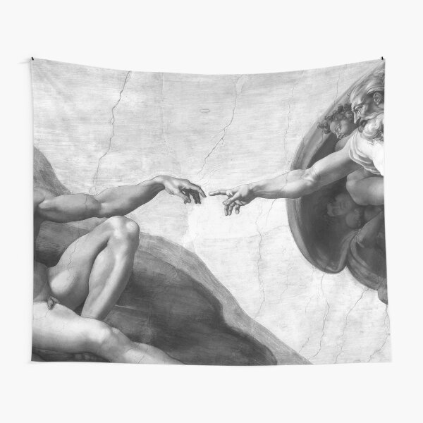 Black and White Creation of Adam Painting by Michelangelo Sistine Chapel Tapestry