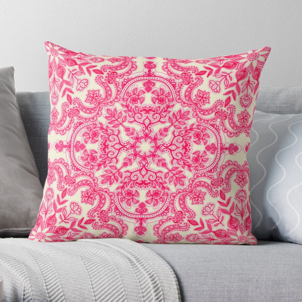 Hot Pink & Soft Cream Folk Art Pattern Throw Pillow by micklyn