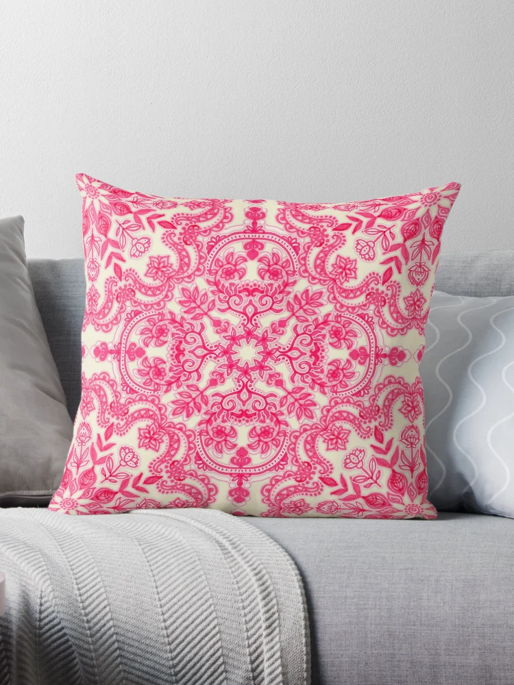 Hot Pink & Soft Cream Folk Art Pattern Throw Pillow by micklyn