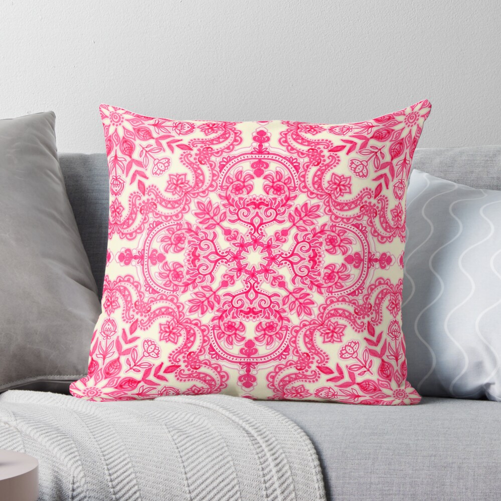 Hot Pink & Soft Cream Folk Art Pattern Throw Pillow by micklyn