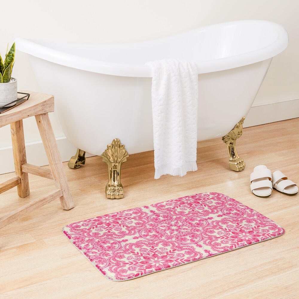 Hot Pink & Soft Cream Folk Art Pattern Bath Mat