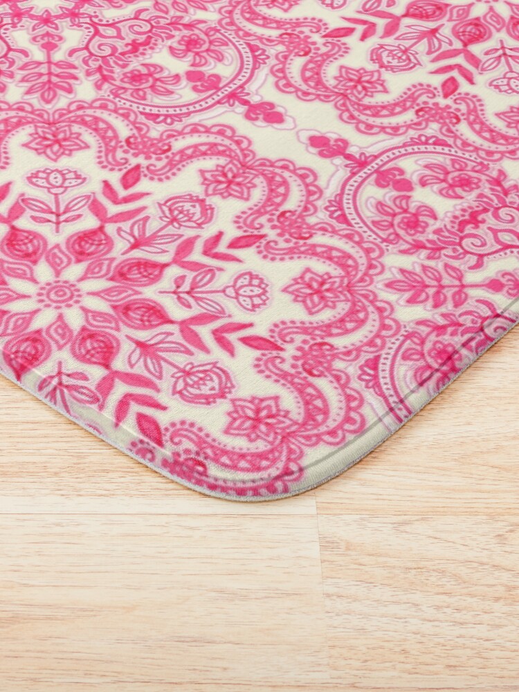 Alternate view of Hot Pink & Soft Cream Folk Art Pattern Bath Mat