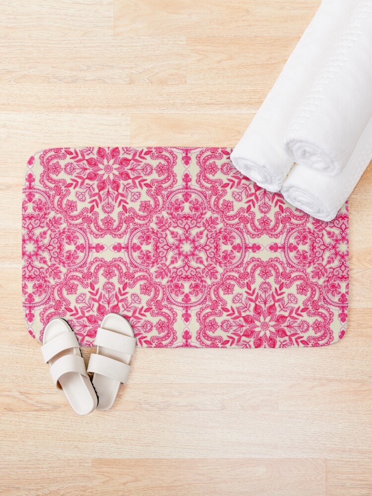 Alternate view of Hot Pink & Soft Cream Folk Art Pattern Bath Mat