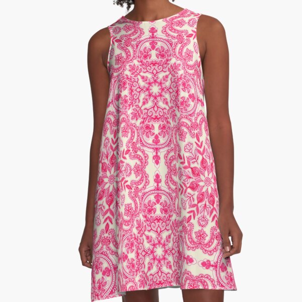 Hot Pink & Soft Cream Folk Art Pattern A-Line Dress