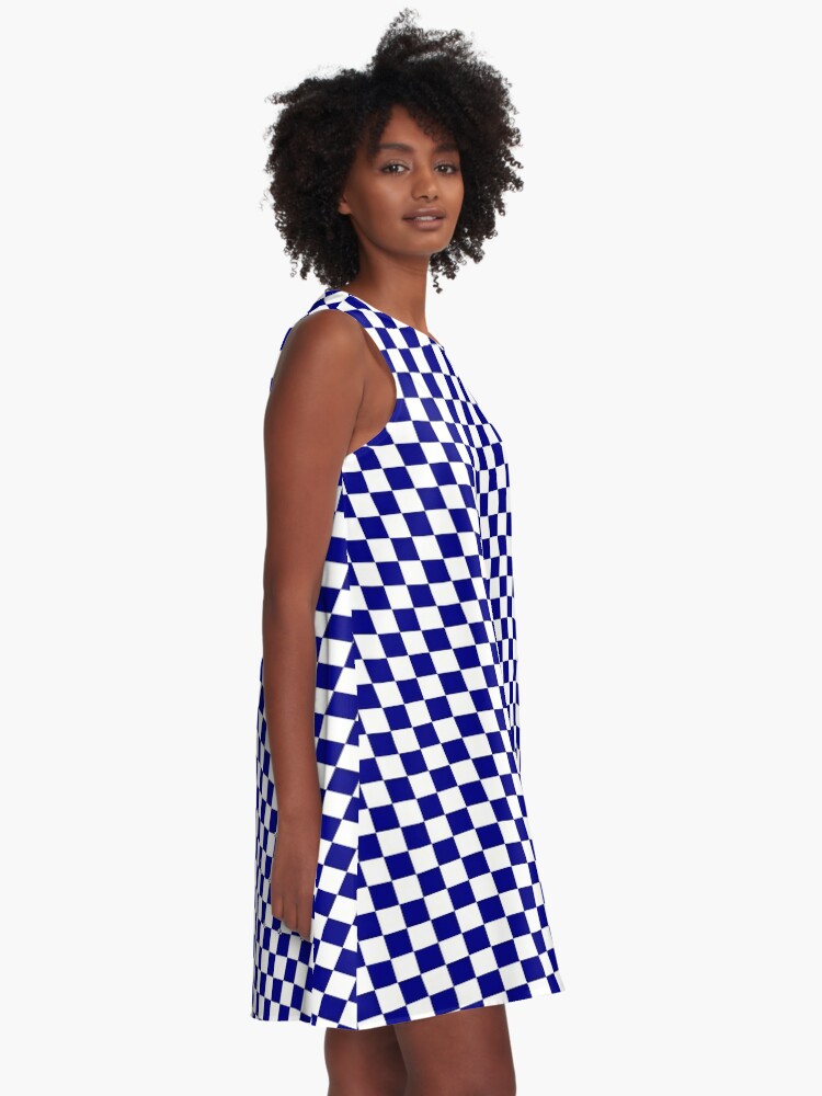 blue and white check dress