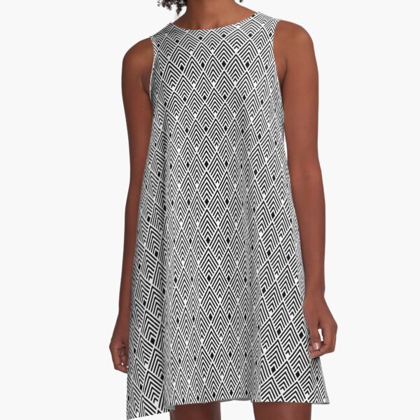 Black and White Art Deco Retro Vintage Revival Diamond Pattern A-Line Dress