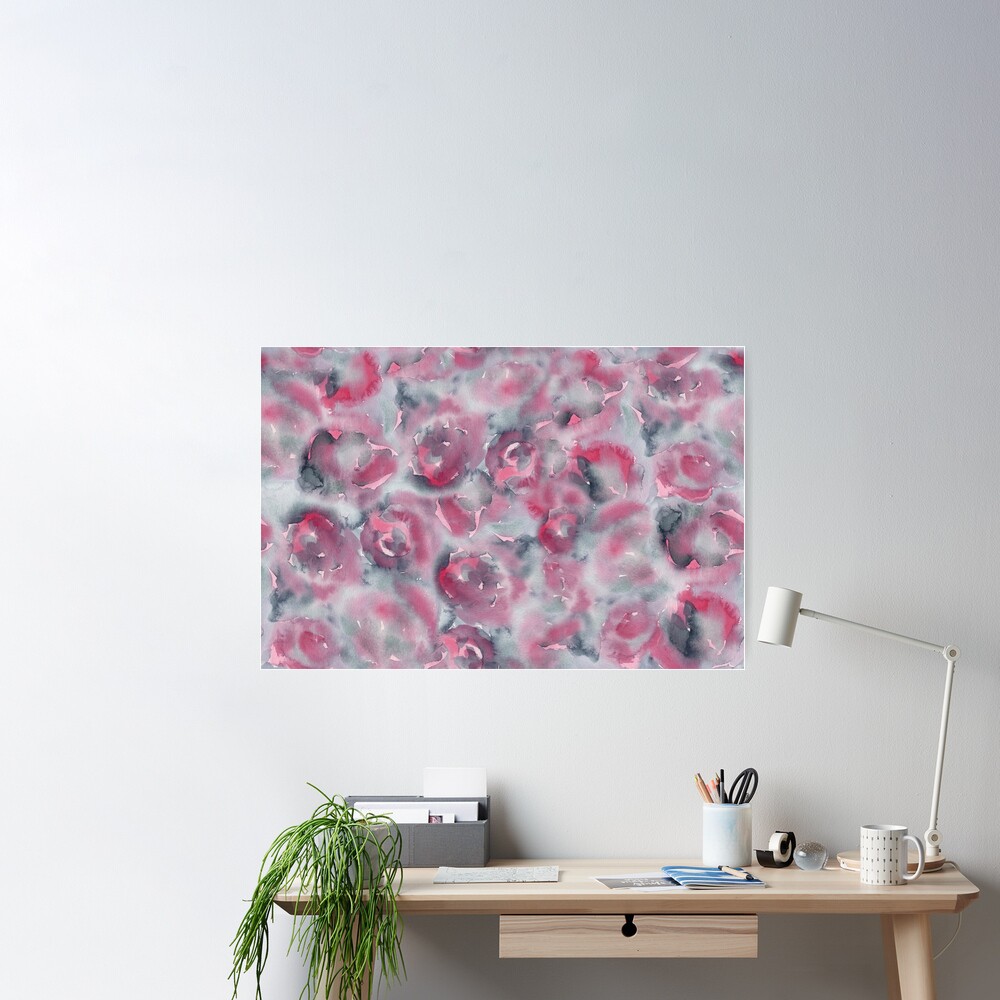 slate gray watercolor roses pattern Poster
