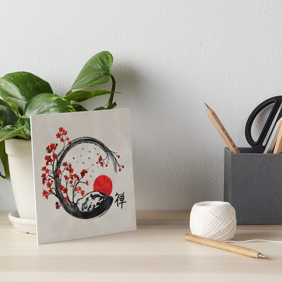 Zen Enso Circle and Sakura Branches Art Board Print