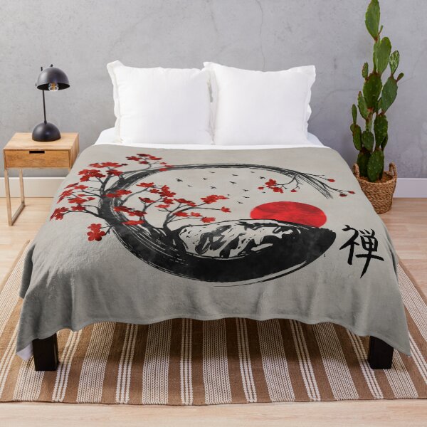 Zen Enso Circle and Sakura Branches Throw Blanket