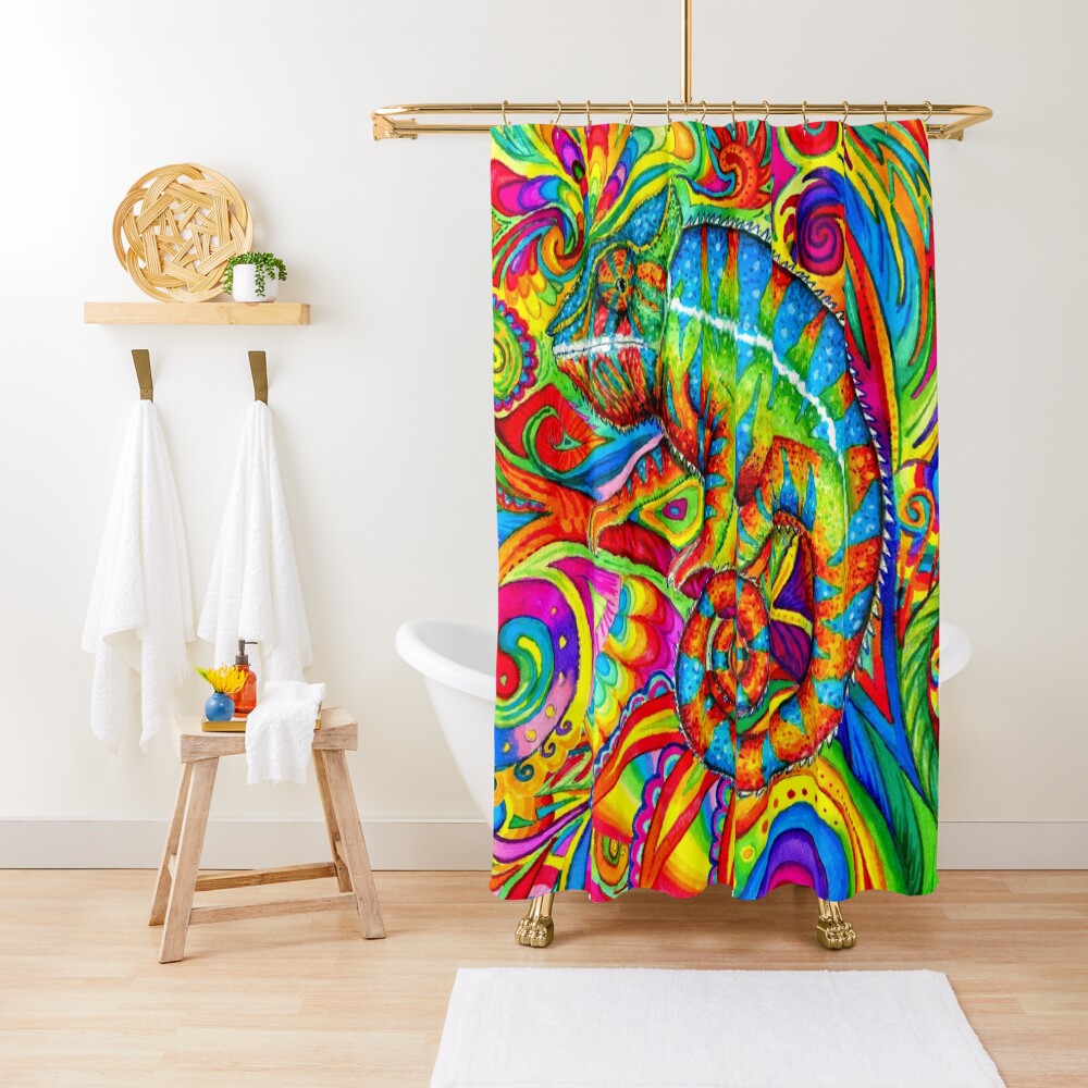 Psychedelizard Psychedelic Chameleon Colorful Rainbow Lizard Shower Curtain