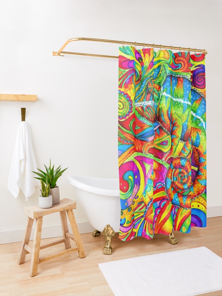 Alternate view of Psychedelizard Psychedelic Chameleon Colorful Rainbow Lizard Shower Curtain