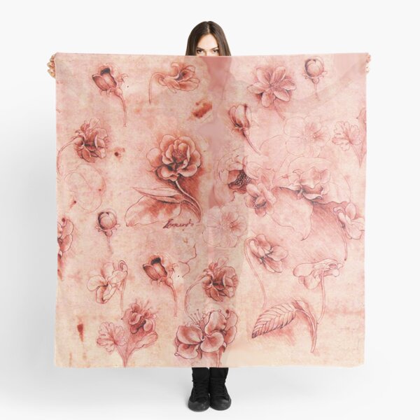 STUDY OF FLOWERS IN ANTIQUE RED PINK Leonardo Da Vinci Drawings Scarf