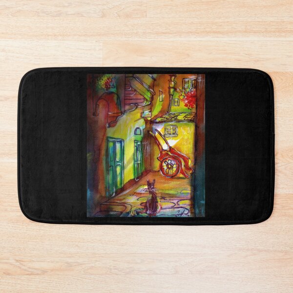 Item preview, MEDIEVAL ALLEY BY NIGHT IN FLORENCE WITH BLACK CAT AND RED WHEELBARROW designed and sold by BulganLumini.