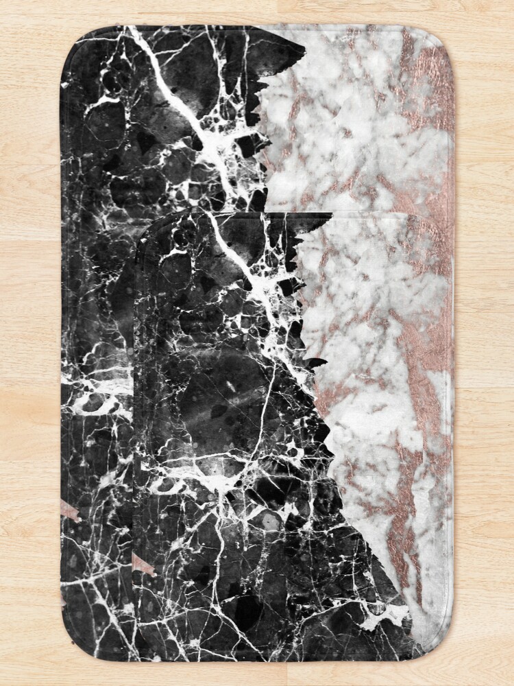 Bath Mat, Modern abstract faux rose gold black white marble designed and sold by Kicksdesign