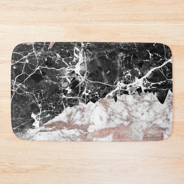 Modern abstract faux rose gold black white marble Bath Mat