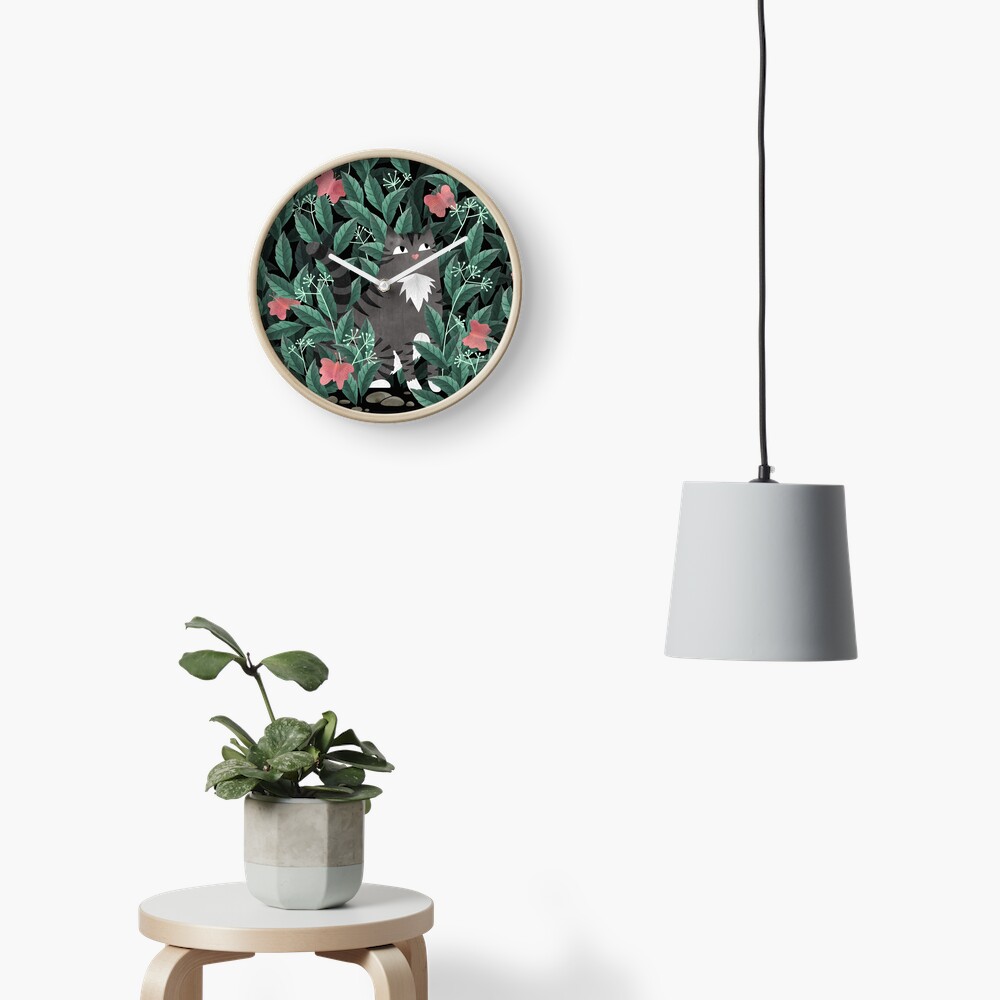 Butterfly Garden (Tabby Cat Version) Clock