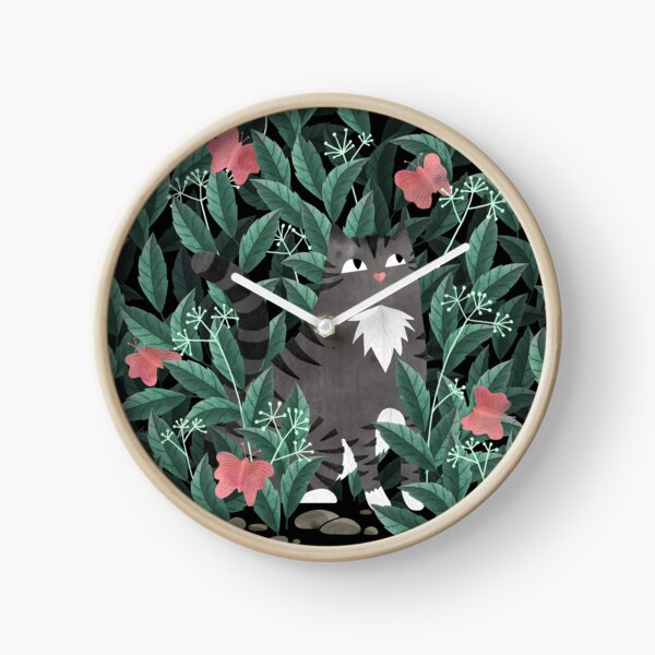 Butterfly Garden (Tabby Cat Version) Clock