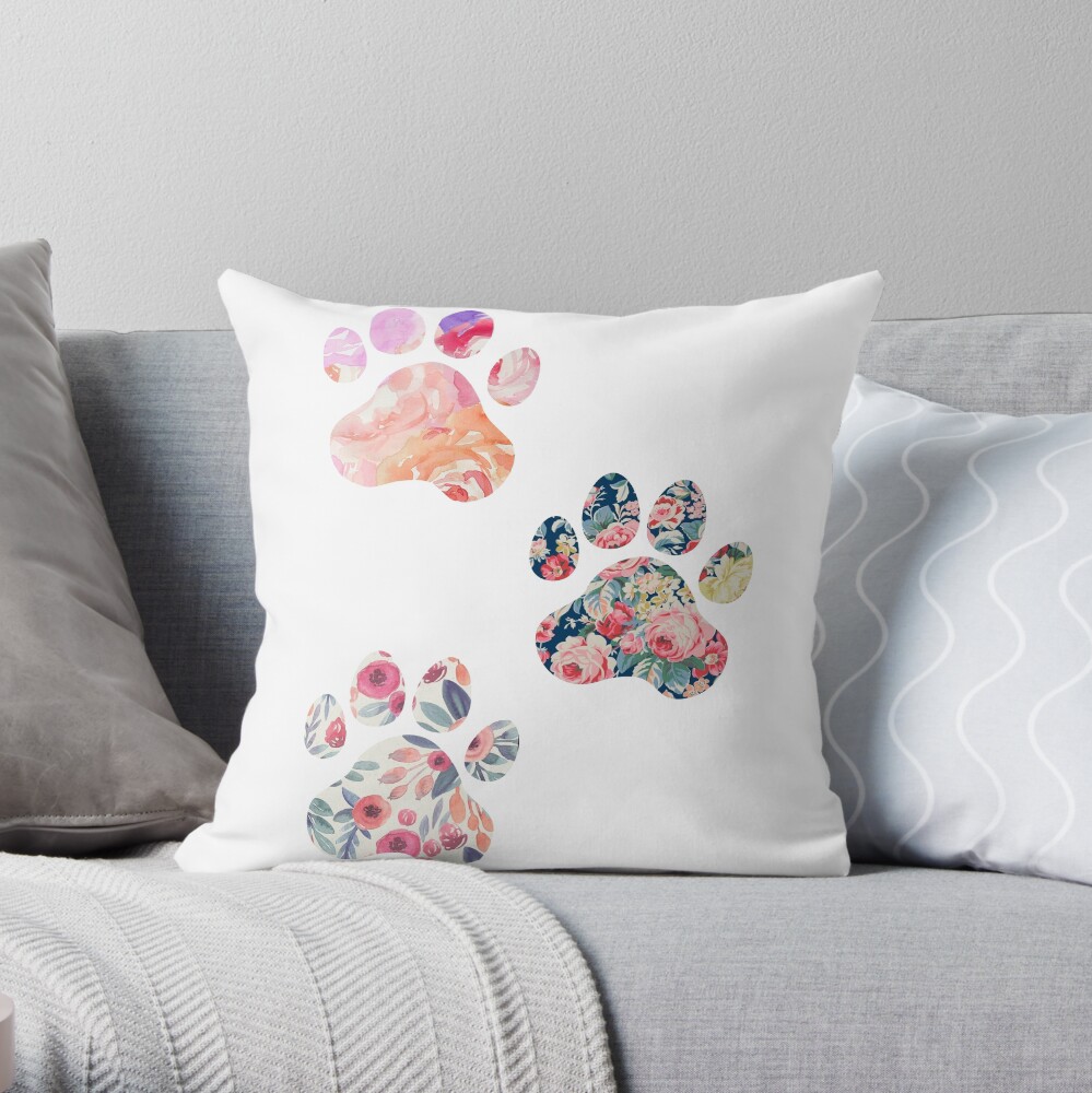 Floral Paw Print Trio Throw Pillow
