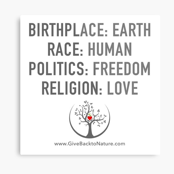 Birthplace: Earth - Race: Human - Politics: Freedom - Religion: Love Metal Print